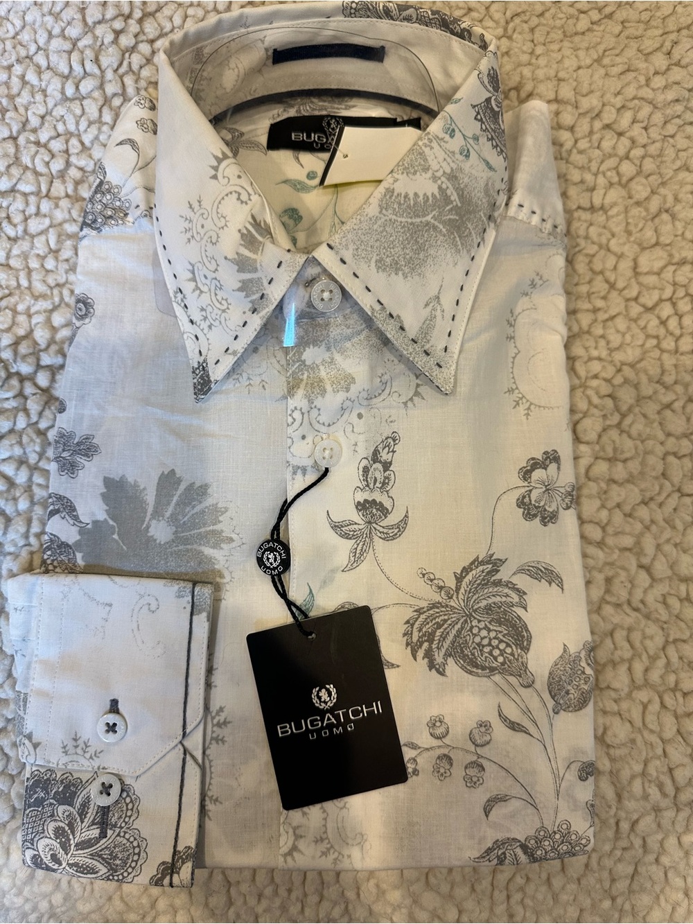 Bugatchi White Shirt with Gray Floral Print